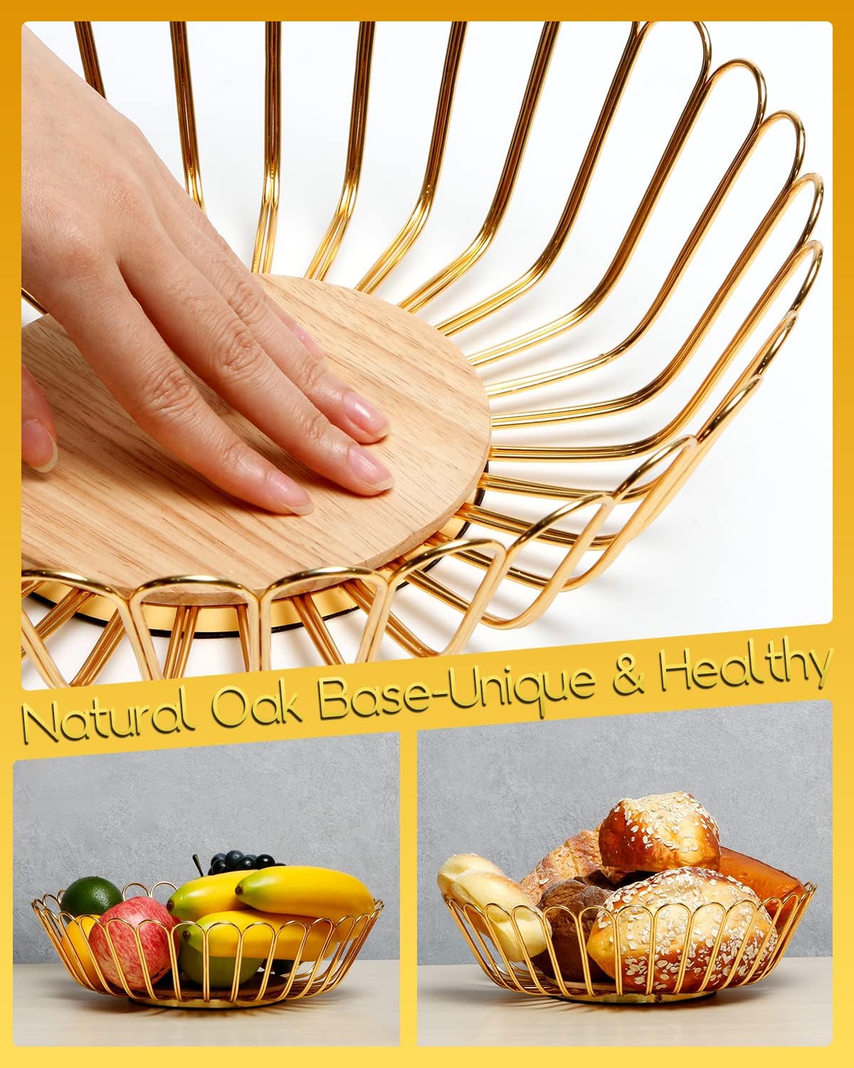 Gold Fruit Basket with Wooden Base