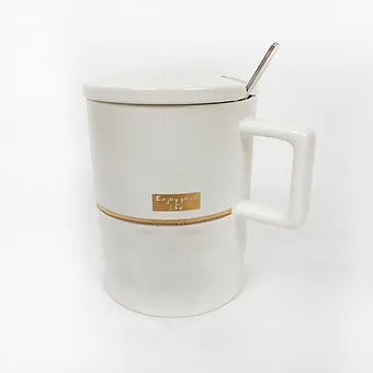 Ceramic Coffee Mug with Lid and Spoon