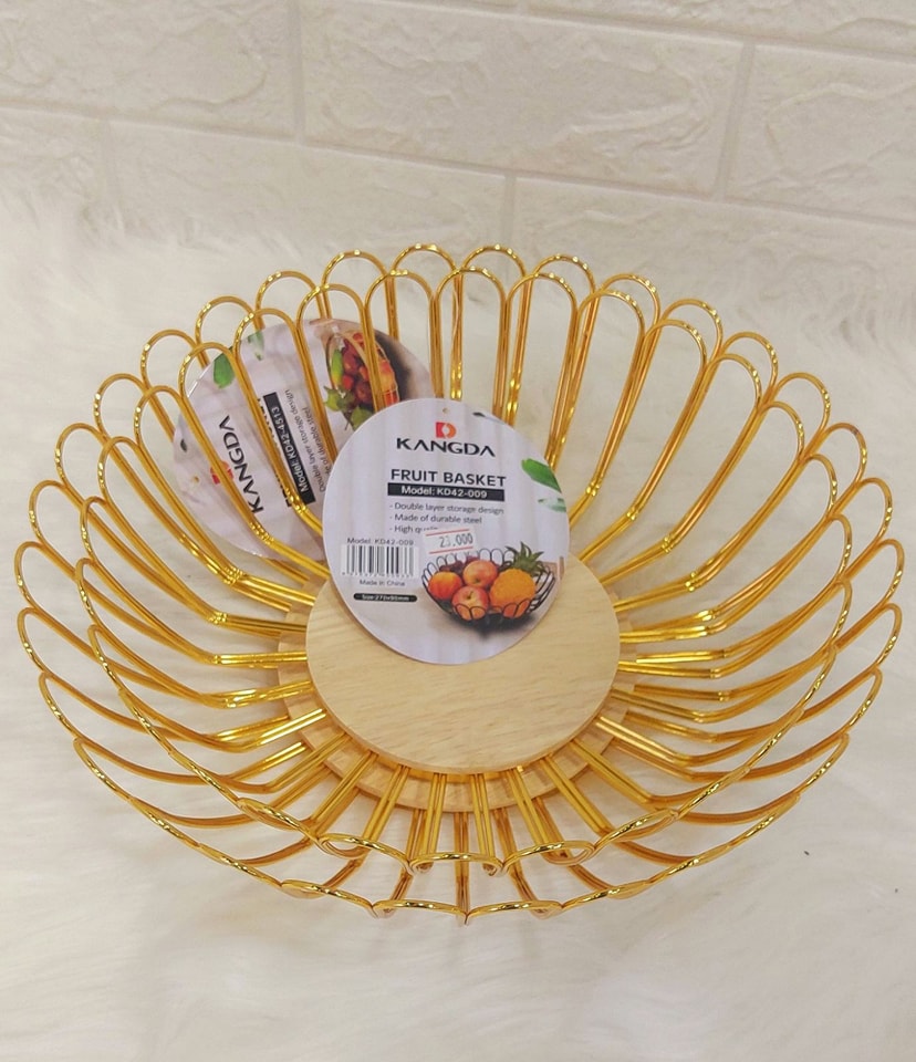 Gold Fruit Basket with Wooden Base