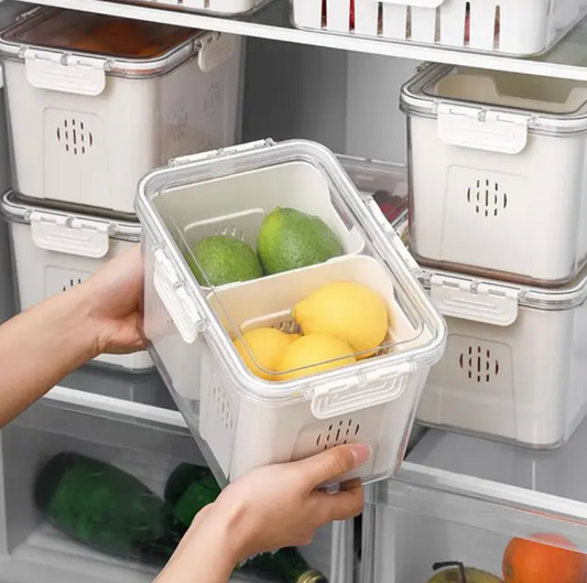 Generic Acrylic Airtight Refrigerator Divided Into Two Halves With Plastic Handles and Tins Storage Box Fresh Vegetables 2x1 - White Clear